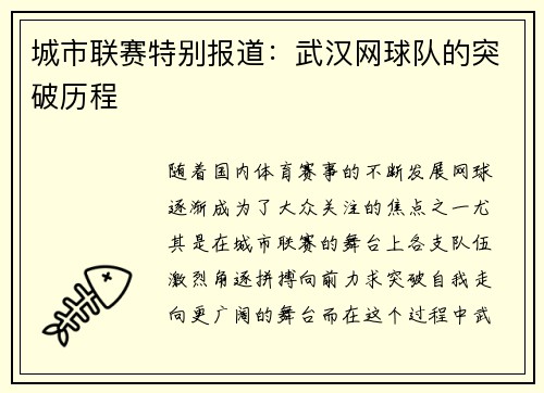 城市联赛特别报道：武汉网球队的突破历程