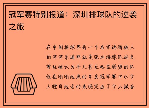 冠军赛特别报道：深圳排球队的逆袭之旅